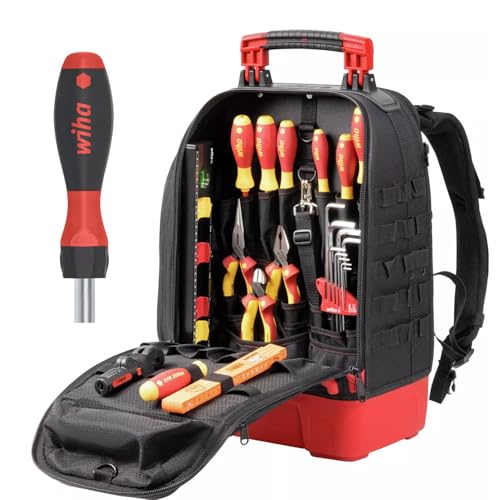 Wiha Elektriker Werkzeugrucksack 27-tlg. I mit Elektriker Grundausstattung I stabiler Standboden I mit Laptopfach I Taschen für Zubehör (45528) (Standard inkl. Ratschenschraubendreher (47169))