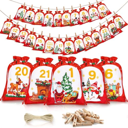 Calendario Adviento para Rellenar 2025 para Niño Mujer Hombre, 18 x 13 cm Calendario de Adviento DIY 24 Bolsas de Yute, Calendarios Adviento Vacio Tela Calendarios de Adviento Decoración Navidad