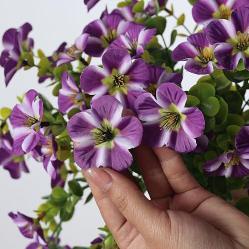 Image of 4 Bundles 29.5 inch Artificial Hanging Silk Flowers for Front Door(Purple) | Realistic Fake Morning Glory Flowers with Faux Eucalyptus, for Eave Porch Yard Garden Patio Balcony Home Outdoor Decoration