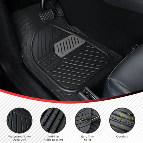 Image of Coverado Car Mats Full Set, Heavy Duty Rubber Floor Mats for Cars, Deep Dish Design All Weather Waterproof Car Floor Mats, Universal Trim-to-Fit Car Mats for Most Cars Trucks SUV, Black&Gray