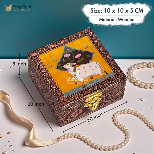 Image of Handcrafted Wooden Jewellery Box with Copper Finish (4 x 4 in) Pack of 10 | Copper finish Oxidized Pichwai Cow Design| Decorative Organizer for Women | Wedding Festive Gifting | Marigold Gold