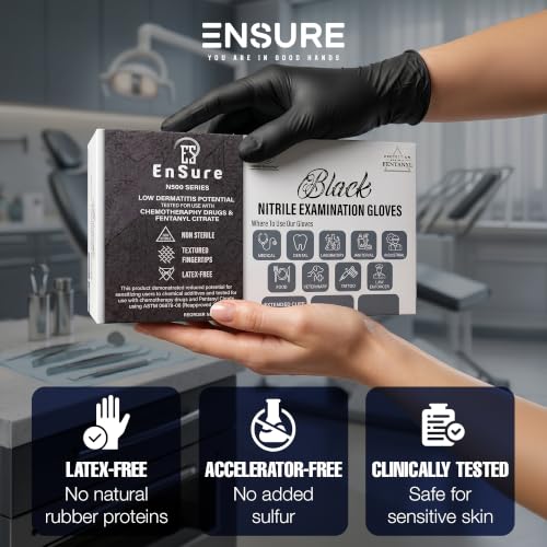 Image of Ensure Black Nitrile Gloves Medical Latex Free Low Dermatitis Gloves 5 Mil | 10 Inch Disposable Nitrile Gloves, Latex & Powder Free, Chemo-Rated, Puncture Resistant, For Medical, Food Service, Cleaning