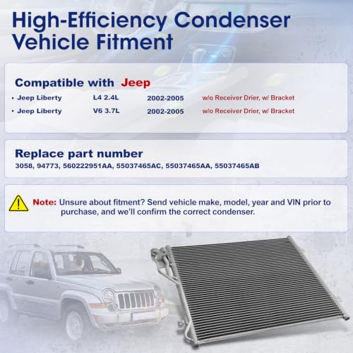 Image of Air Conditioning A /C Condenser Compatible with Jeep Liberty 2002 2003 2004 2005 L4 2.4L V6 3.7L # 3058, 94773, 56022951AA, 55037465AC, 55037465AA, 55037465AB