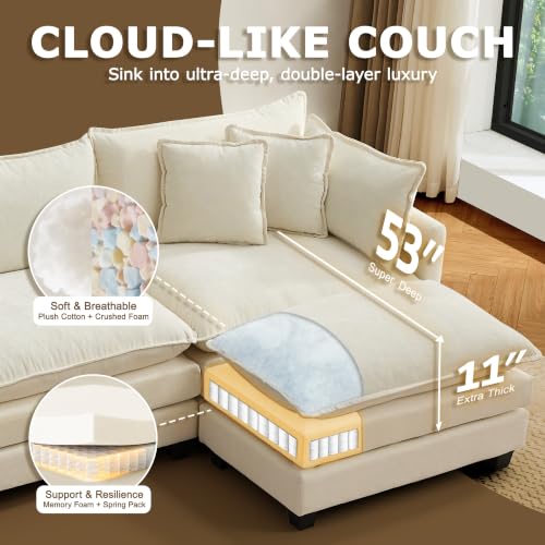 Image of 113 inch Modular Sectional Sofa, L Shaped Cloud Couch with Ottoman | Comfy Chenille Deep Seat Sofa with Throw Pillows, 4 Seat Modern Couches for Living Room Bedroom Apartment, Beige, 113 inch L