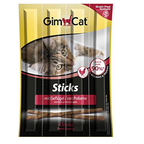 GimCat Sticks gevogelte, zachte kattensnack met hoog vleesgehalte, granenferie, beloning met vitaminen en touwrine, 1 verpakking (1 x 4 sticks)