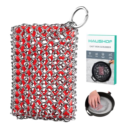 HAUSHOF Cast Iron Scrubber, Chainmail Scrubber with Silicone Core, Premium Chainmail Scrubber Sponge for Skillet, Pan, Dutch Oven