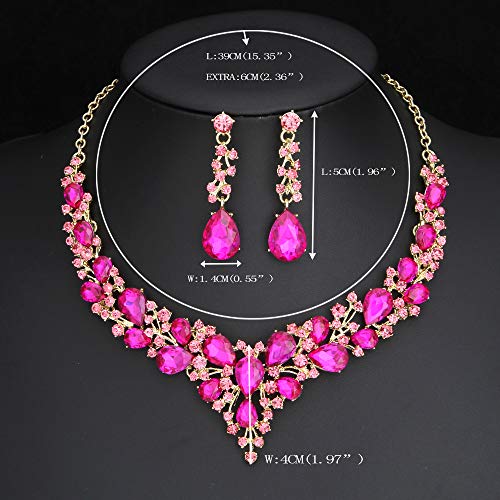 Molie Bridal Austrian Crystal Necklace and Earrings Jewelry Set Gifts fit with Wedding Dress (Rose red) - Thumbnail 5