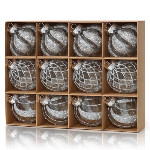 DEMIUKO Weihnachtskugeln Silber 12er Set 8CM Christbaumkugeln Groß Glitzer Baumkugeln Kunststoff Christbaumschmuck Bruchsicher Plastik Weihnachts Anhänger Ornamente für Party Weiß Weihnachtsbaum Deko