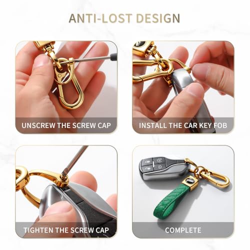 Image of Gkeygo Carabiner Keychain, Universal Heavy Duty Woven Handmade Leather Key Chain, Car Fob Key Keychains with 360 Degree Rotatable Snap Swivel and Anti-Lost D-Ring for Men and Women,Light Gold - Green