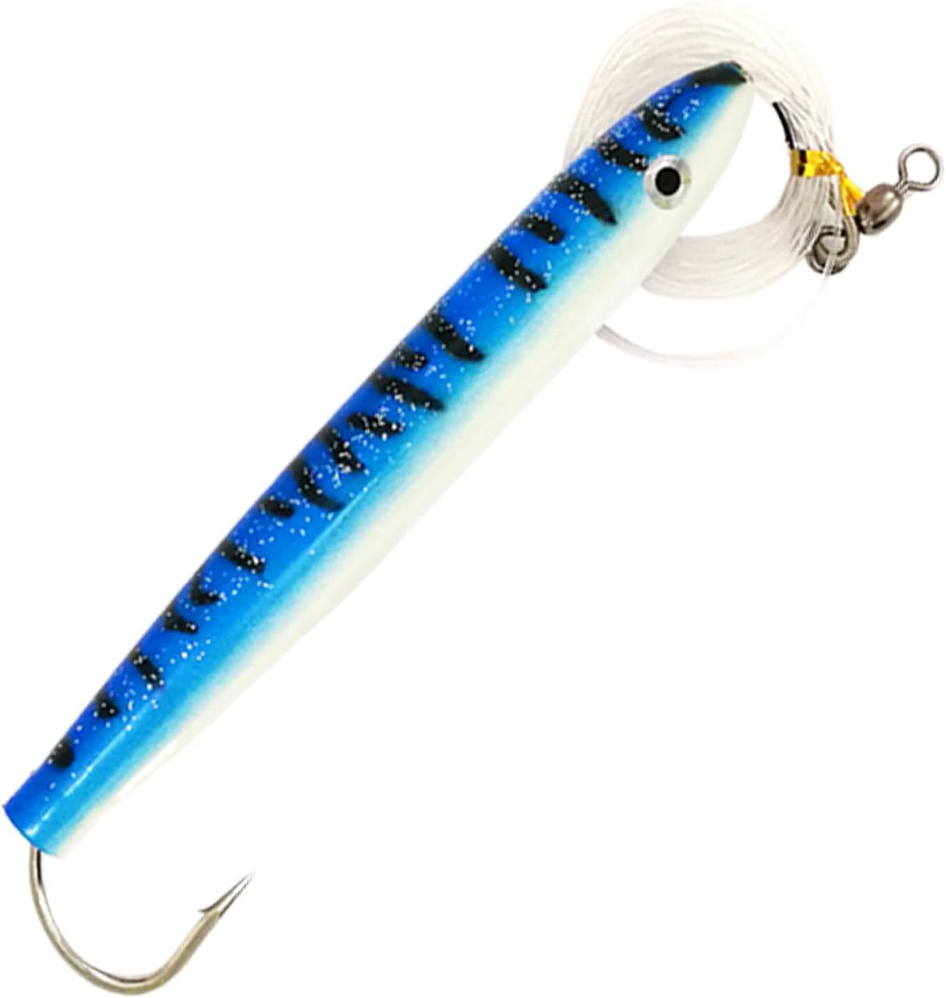 8" Cedar Plug Lures, 6 Pcs Blue/White Rigged, for Offshore Trolling, Includes Lure Bag, Ideal for Tuna & Saltwater Fishing