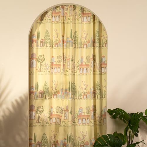 Image of Tranquebar Curtain Co. Window Curtains 5 Feet, 60-65% Room Darkening,Yellow Mughal Print, Cotton Curtains for Window, Cotton Curtains 5 Feet Long Set of 2, BackTab Loops,Agra (152 cm) - Set of 2
