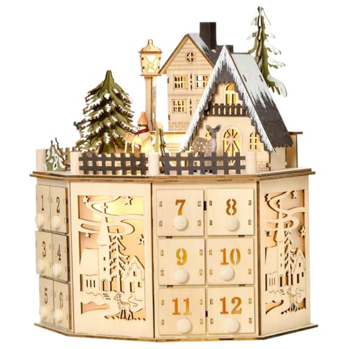 24 tiroirs Calendrier de l'Avent en bois LED Calendrier de l'Avent vide éclairé avec de la musique pour vous remplir les cadeaux de vacances à rebours pour les...