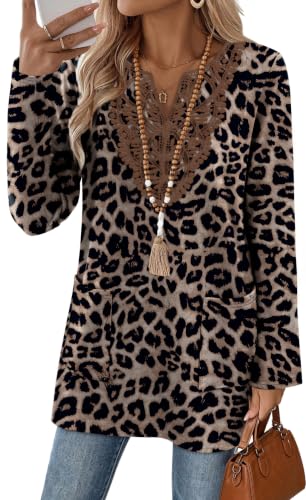 WIHOLL Womens Tops Boho Lace V Neck Long Sleeve Shirts with Pockets S-3XL