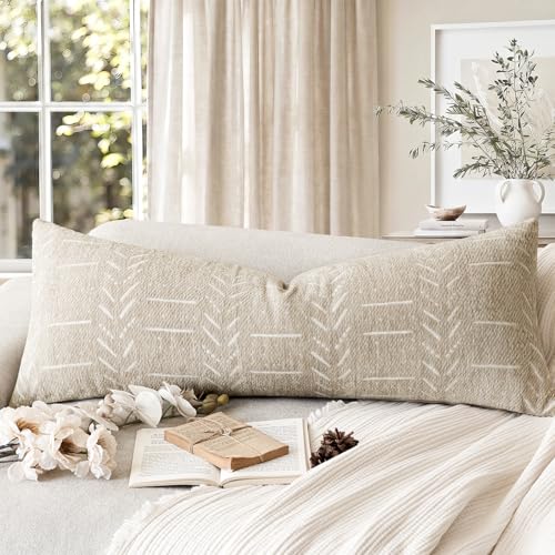 Image of Foindtower Set of 1 Decorative Chenille Jacquard Throw Pillow Cover Textured Farmhouse Body Cushion Covers Neutral Boho Accent Home Decor for Sofa Chair Couch Bed Living Room,14x36 Inch,Natural Beige