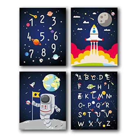 Outer Space Wall Art Prints,Astronaut Planet Poster for Boy, Set of 4 (8"x10") Alphabet Numbers Art Print Planet Canvas Wall Art for Kids Room Bedroom Classroom Playroom Nursery School Decor,Unframed Cover