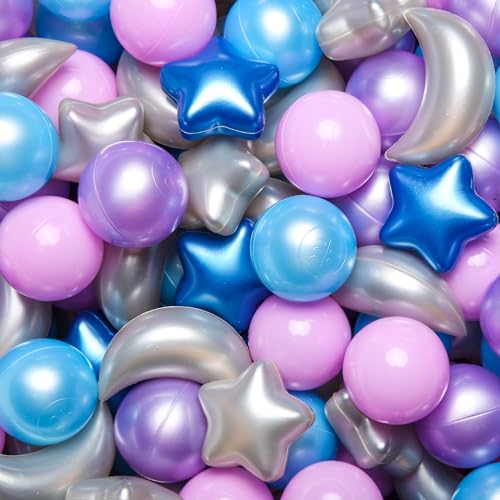 Image of GOGOSO Ball Pit Balls Stars Moon Shapes Plastic Pitballs for Toddler Play Tent Baby Photo Props Kids Pool Water Toys Kiddie Pool Party Decor,Pearl Blue+Pearl Purple+Purple Gray,100PCS