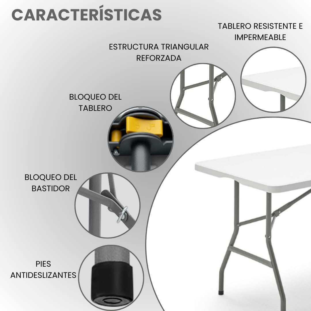 edihome Mesa Plegable 180x68x74 cm para Comedor, Camping, Jardín y Catering – Mesa Portátil Resistente para Interior y Exterior, Fácil de Transportar (Blanco)