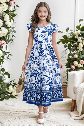 Girl's Dress Summer Boho Floral Flutter Sleeve Party Casual A Line Vacation Maxi Dress 9-14 Years4
