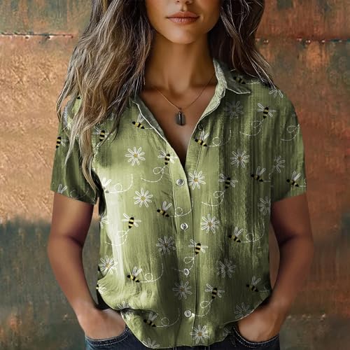 Women Floral Button Down Shirts Women Cotton Shirt Printed V Neck Button Down Casual Tops Short Sleeve Blouse 22