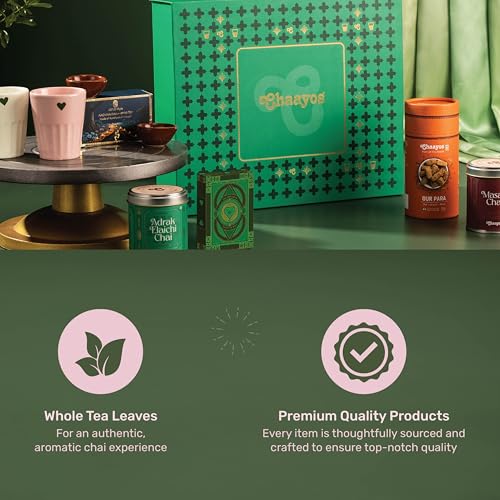 Image of Chaayos Divine Diwali Gift Box | Diwali gift Hamper with that includes Chai tin (Masala chai & Adrak Elaichi), 2 Ceramic Kulhads (Pink & Green), Set of 2 Diyas, Diwali Playing Cards, Gur Para for Family & Friends | Premium Diwali Gift Set