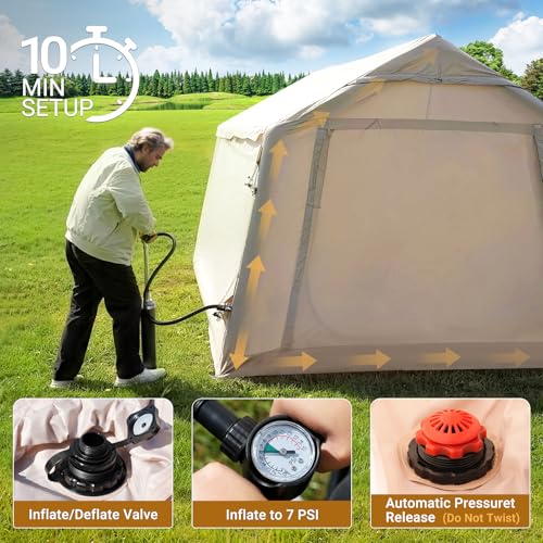 Image of ABORON Inflatable Camping Tent, 4 /6 /8 /10 /12 Person Easy Setup Blow Up Tent with Hand Pump, PU3000mm Waterproof 4 Season Glamping Tent for Outdoor Camping