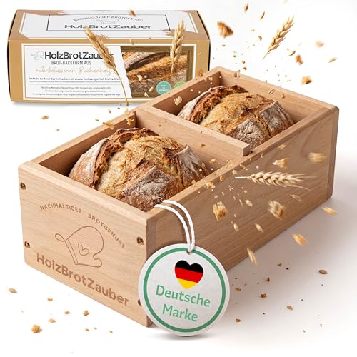 BAMBUNA Holzbackform HolzBrotZauber | Brotbackform aus Buchenholz | unbeschichtet | Trennsteg | 1500g Volumen | 30x15x10cm | ofenfest bis 220°C | handwaschbar | inkl. Rezept E-Book | Geschenkbox