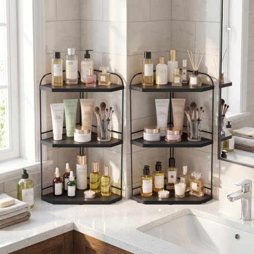 Image of 2 Pack Corner Bathroom Counter Organizer, 3-Tier Wood Countertop Organizer | Skincare Organizers for Vanity, Makeup Storage, Counter Corner Shelf for Kitchen, Bathroom, Dresser, Black