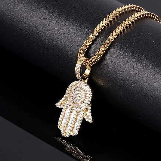14K Gold Plated Micro Full Iced CZ Out Hamsa Hands Pendant with 24" Franco Chain Necklaces For Men Women Hip Hop Zircon Hamsa Necklace4
