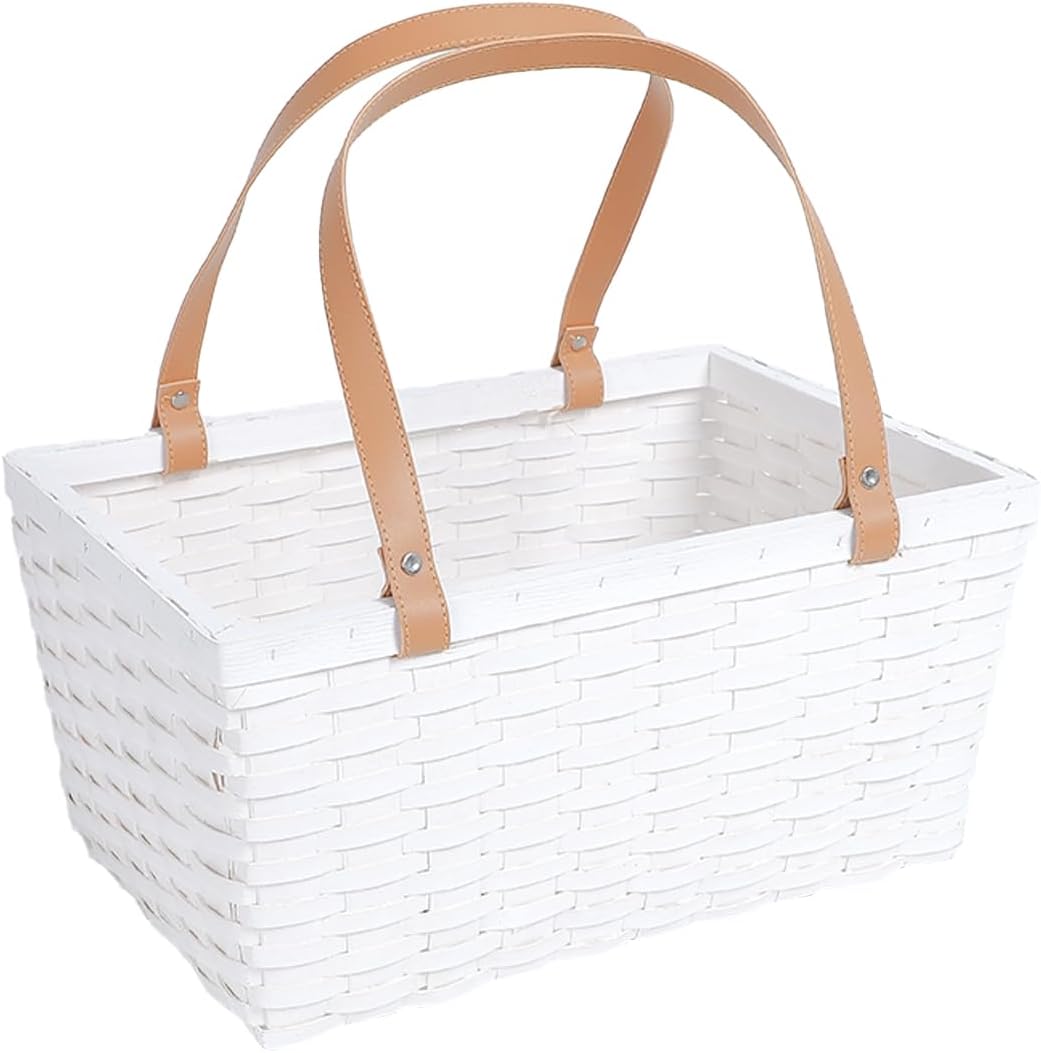 Picnic Basket, White Wicker Wood Basket with Double Handles for Storage Camping Party, 15.16" Lx10.83 Wx7.48 H inch