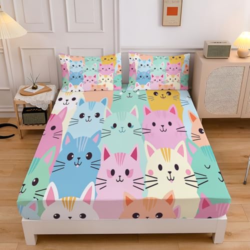 Sábana Bajera Ajustable 3 Piezas 105x190cm, Estampado Cara Gato Dibujos Animados Juegos de Cama, Niños Ilustración Microfibra Transpirable 30 cm de Profundidad con 2 Fundas de Almohada, Verde