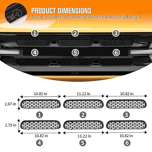 Image of Jimen Compatible with Ford Bronco 2021-2023, 6PCS Front Grille Inserts Mesh Grill Cover Exterior Trim Accessories (Matte Black)