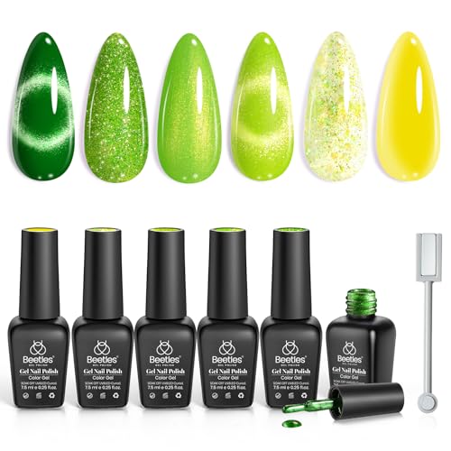 Image of Beetles Green Gel Nail Polish Set - 6 Colors Cat Eye Sparkle Glitter Gel Polish Starter Kit with Magnet, Summer Lime Yellow Flash UV LED Gel Nail Kit for DIY Home & Salon Use