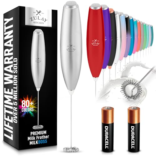 Zulay Kitchen Milk Frother Handheld Electric Whisk with AA Duracell Batteries – Durable Drink Mixer for Coffee, Lattes, Cappuccinos & More - Silver