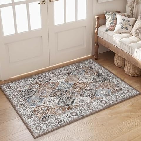 Seavish Washable Rugs 2x3 Small Entryway Rug Low Pile Door Mat Indoor Entrance Soft Kitchen Rugs Floor Mat Brown Vintage Transitional Trellis Throw Rugs for Bedroom Bedside Bathroom Front Porch Cover