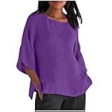 UOFOCO Cotton Lien Shirts for Women Squaer Neck 3/4 Sleeve Solid Color Tops 2025 Summer Casual Loose Beach Vacation Tees Tshirts Shirts for Women Purples 3XL
