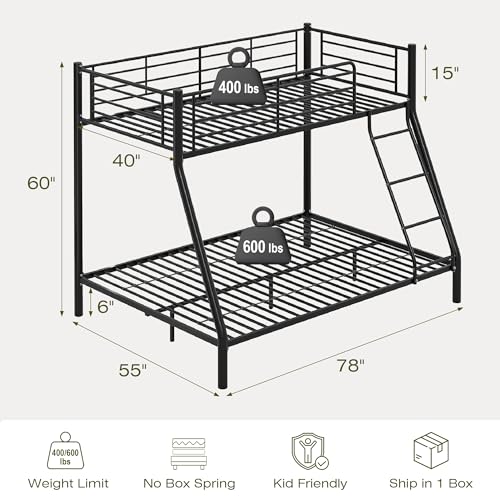 Image of VECELO Bunk Bed Twin Over Full, Metal Bunkbeds with Ladder and Full-Length Guardrail, No Box Spring Needed, Space Saving, Noise Free, Black