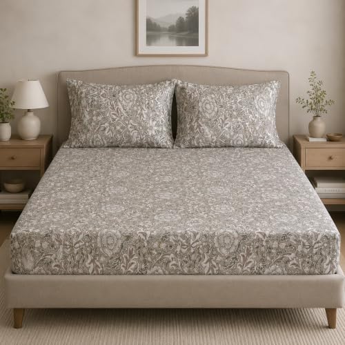 Image of Linen Home Cotton Percale Fitted Bedsheet Set SingleXL Size Damask Brown