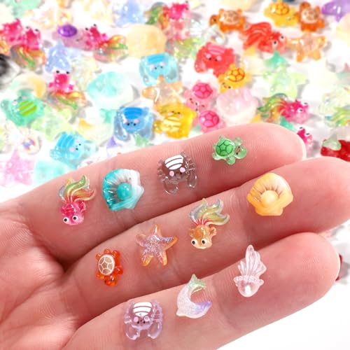 Lyreh 210 STK Mini Tiere aus Kunstharz, Miniatur Meerestiere aus Kunstharz im Dunkeln Leuchtend Kleine Schildkröten Fische Quallen Winzige Krabben Seesterne Muscheln Delfinstatuen