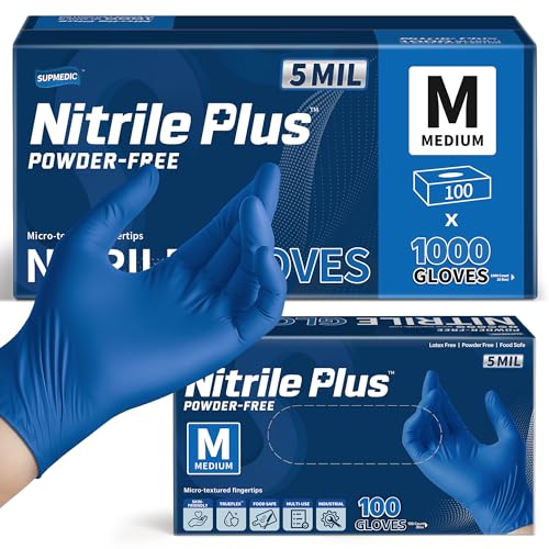 Image of Supmedic Blue Nitrile Exam Gloves, 5 mil Powder-Free Chemo-Rated Food Safe Disposable Medical Glove, 100 Pcs (Medium)