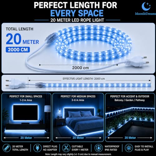 Image of MoonlitDreams 20M LED Rope Light | 120 LEDs /M Waterproof Strip Light | Blue Flexible Cove Light for False Ceiling, Balcony, Bedroom, Garden & Indoor Outdoor Decoration | Plug & Play Decorative Light