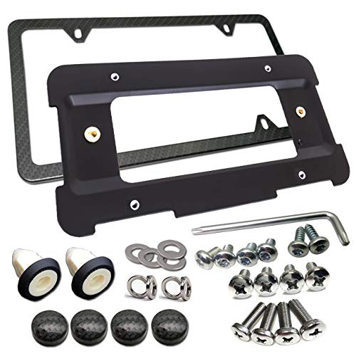 Rear License Plate Bracket Frame- Compatible with BMW 1 to 6 Series Mount Tag Holder with Plug-in Expanding Nuts & Carbon Fiber Style License Plate Frame and Stainless Steel Screw for All BMW Screws