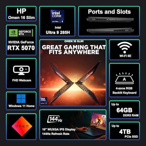 Image of HP Omen 16 Slim Gaming AI Laptop 16 inch WUXGA IPS 144Hz Intel 16-core Ultra 9 285H 32GB RAM 4TB SSD GeForce RTX 5070 GDDR7 DLSS4 (Up to 988 Tops) 4-Zone RGB Backlit Wi-Fi6E HyperX Win11 ICP Hub
