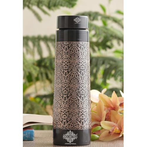 Image of INDIAN ART VILLA Copper Drinkware Gift Pyramid Shape Dark Embossed Design Copper Bottle, 800 ML, Prined Dark Brown