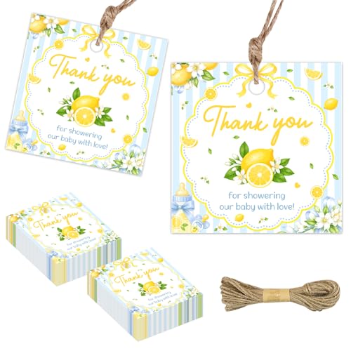 Étiquettes cadeaux carrées bleues en papier pour fête prénatale et baptême