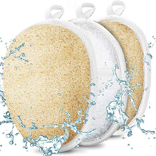 [New Upgrade] 3 Packs Exfoliating Loofah Sponge Pads,100% Natural Luffah and Terry Cloth Materials,Premium Loofa Sponge Scrubber Body Glove Close Skin for Men and Women,Perfect for Bath Spa and Shower