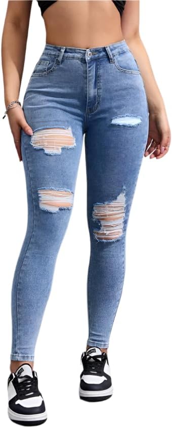 High Waist Ladder Distressed Skinny Jeans for Women – Ripped Casual Denim with Stretch Fabric