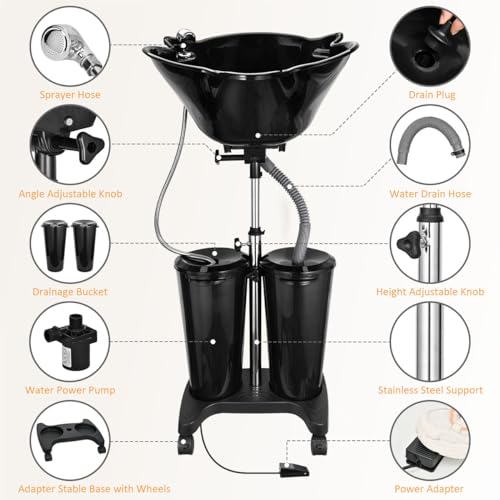 Xtsuen Mobiles Waschbecken Friseur Höhenverstellbar Haarwaschbecken mit elektrischer Pumpe mit 2-Eimer und Abflussschläuche, Tragbares Salonbecken Tiefes Shampoo für Zuhause Salon Friseursalon