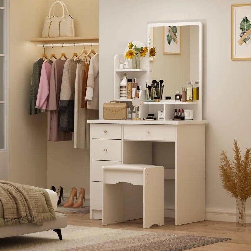 Image of Modern Vanity Dressing Table with Mirror, 4 Storage Drawers, White Finish