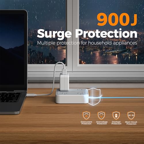 Flat Plug Extension Cord Indoor 5 Ft, Power Bars with Surge Protector, TESSAN Power Strip with 4 Multiple Outlets 3 USB Ports (1 USB C), Surge Protection for Dorm Room Home Office, image 8