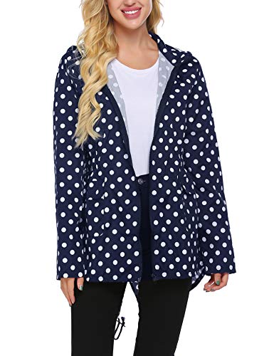 Women's Raincoats Waterproof Packable Windbreaker Active Outdoor Hooded Lightweight Rain Jacket Navy Blue&White M